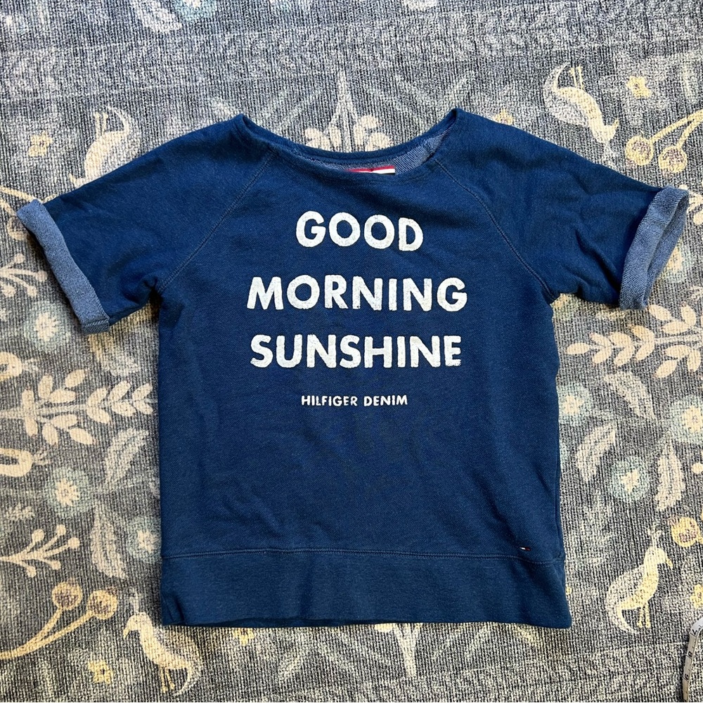 Tommy Hilfiger, good morning sunshine, crewneck, short sleeve blue sweatshirt